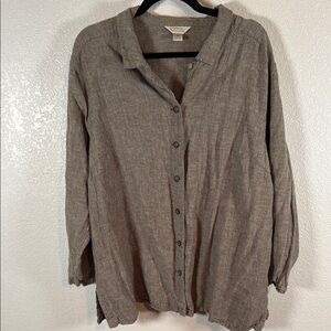 CJ Banks Taupe Linen Blend Button Down Over Shirt Size 2X